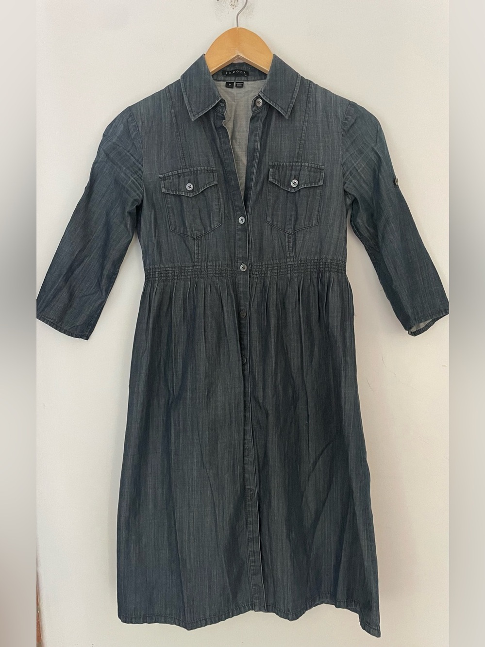 Theory Chambray Shirt Dress 100% Cotton | Slate Blue Utility Midi Dress - Picture 2 of 8